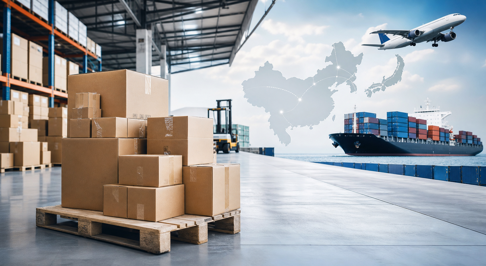 中国から日本への国際発送で荷物をまとめて出荷するイメージ