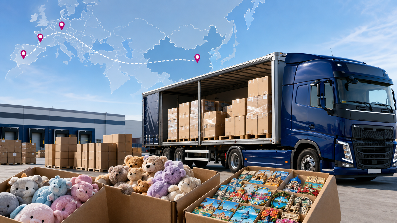 China to Europe truck freight with packed fridge magnets and licensed plush toys