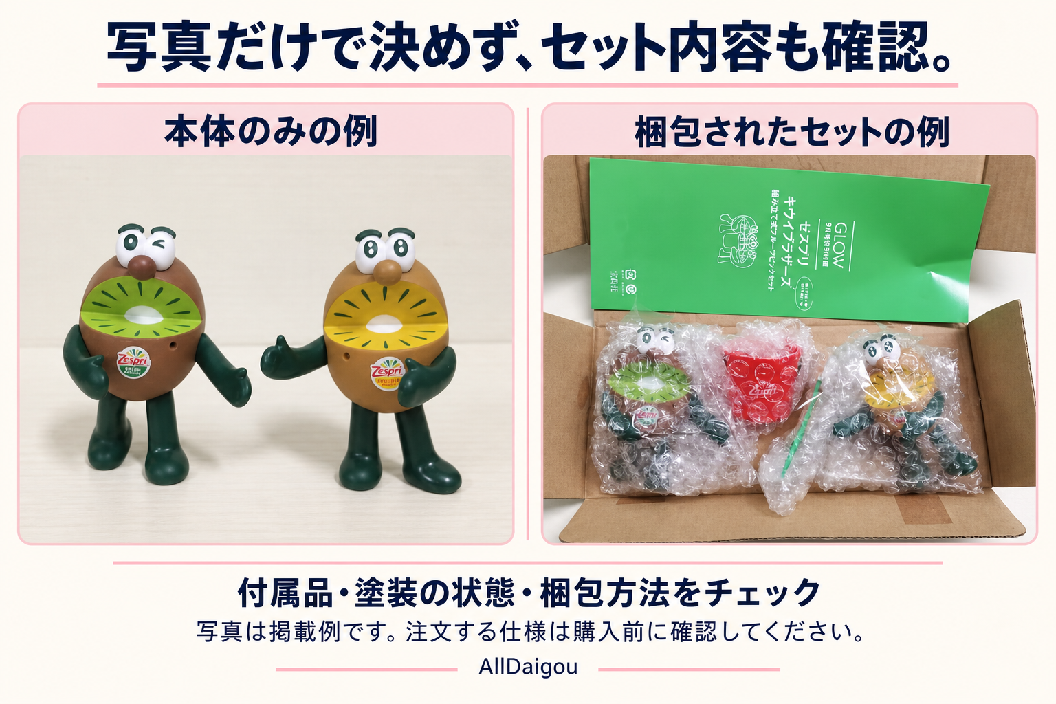 キウイ雑貨の本体のみの例と梱包されたセットの例
