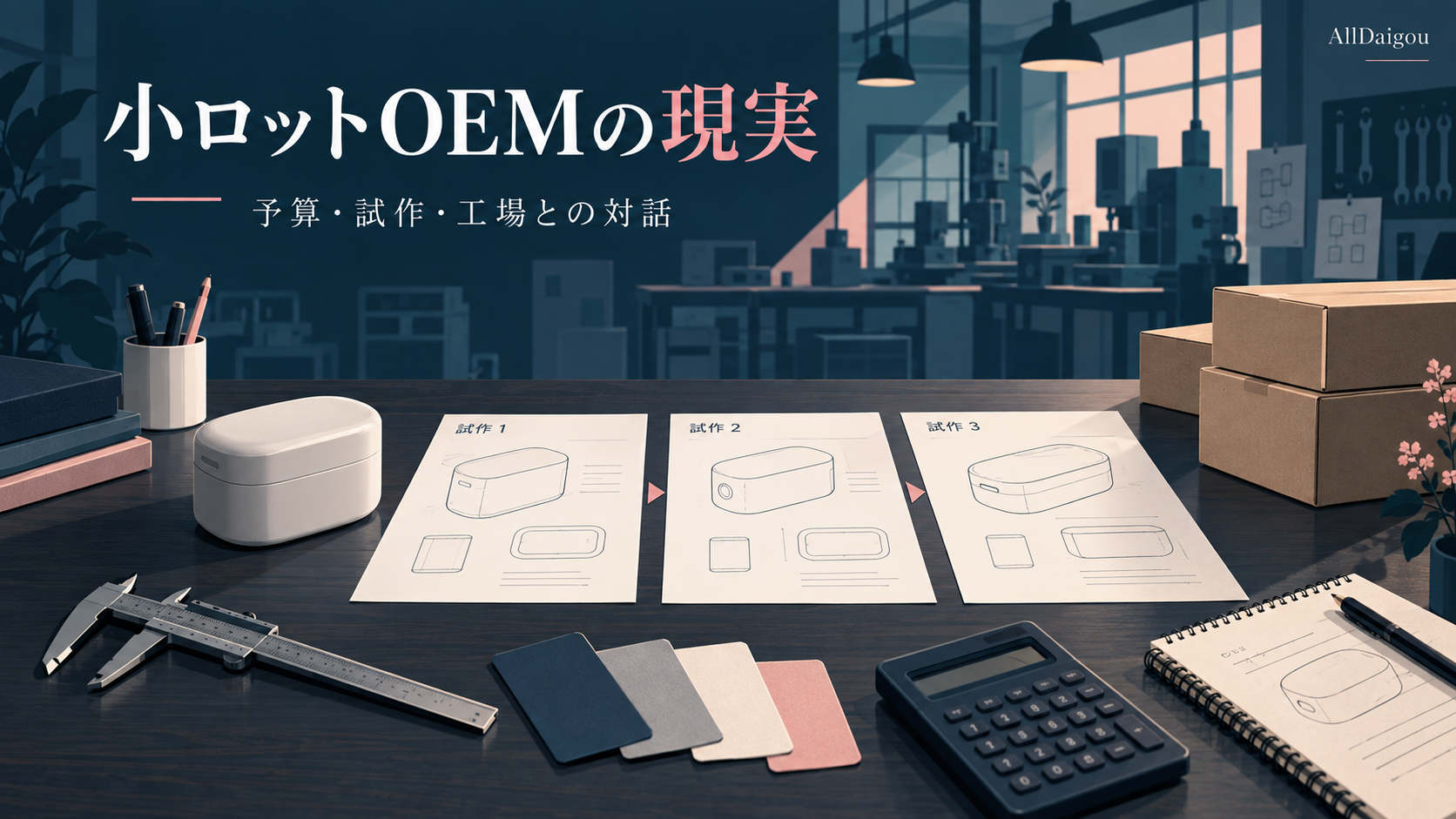 予算・試作・工場との対話を示す小ロットOEMの概念図